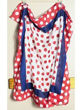 Polka Dots Scarf Large 30" Square Red White Blue Poly Chiffon Colorful Retro